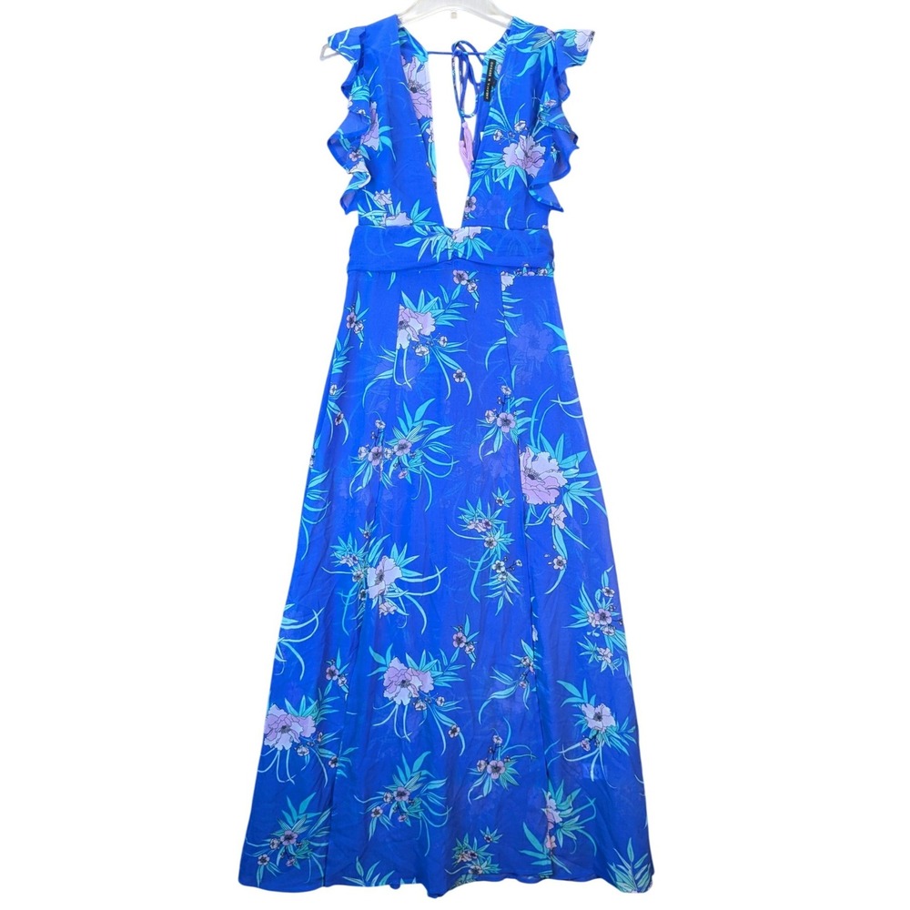 America & Beyond Blue Floral Ruffle V-Neck Maxi Beach Cover-Up Dress Small NWT